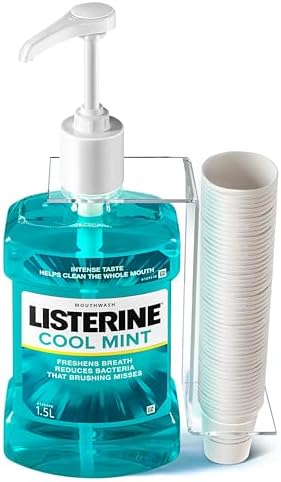 Practical Mouthwash Dispenser Specially Designed to Fit Only Listerine 1.5 or 1 L Bottles with Cups, Holder, and Pump.