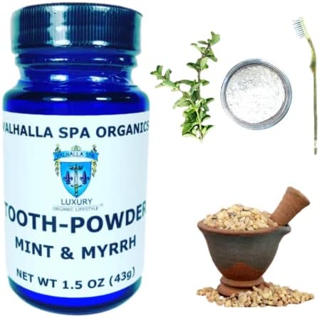 Tooth Powder with Mint and Myrrh Gum | Natural Toothpaste | Fluoride Free | Whitening | Polishing | Valhalla Spa Organics 1.5 oz