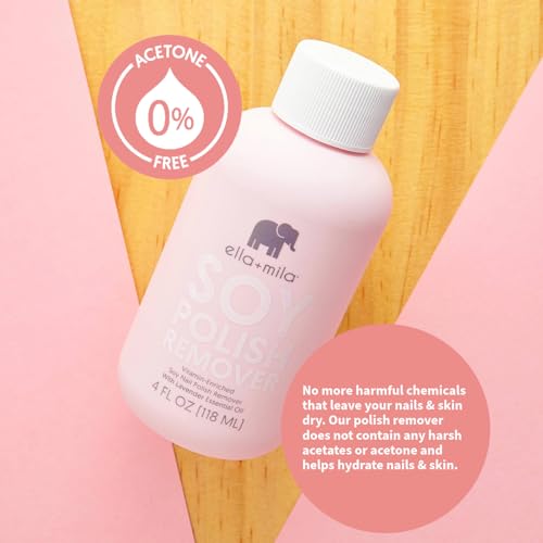 ella+mila Soy Nail Polish Remover Non-Acetone Nail Polish Remover - Non-Toxic Fingernail Polish Remover - Enriched with Lavender Essential Oil & Vitamins A,C & E (4 fl oz)