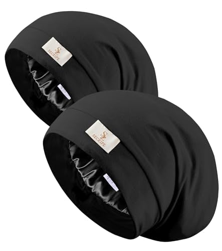 2pcs Silk Satin Bonnet Hair Wrap for Sleeping, Adjustable Strap Curly Natural Hair Night Caps for Women Men(Black&Black)