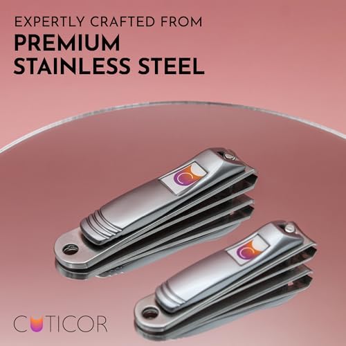CUTICOR Nail Clipper Set - Set of 2 Fingernail and Toenail Clippers with Tin Travel Case - Ultra Sharp Stainless Steel Nail Clippers for Men and Women - Heavy Duty Nail Clippers for Thick Nails