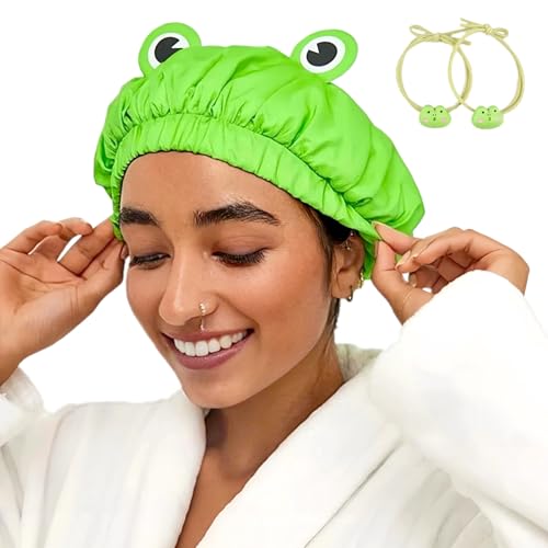 LamaMe Shower Cap, Waterproof Reusable Double Layers Bath Cap Elastic Band Hair Cap Green Frog Shower Cap for Women Ladies Spa Salon, Small
