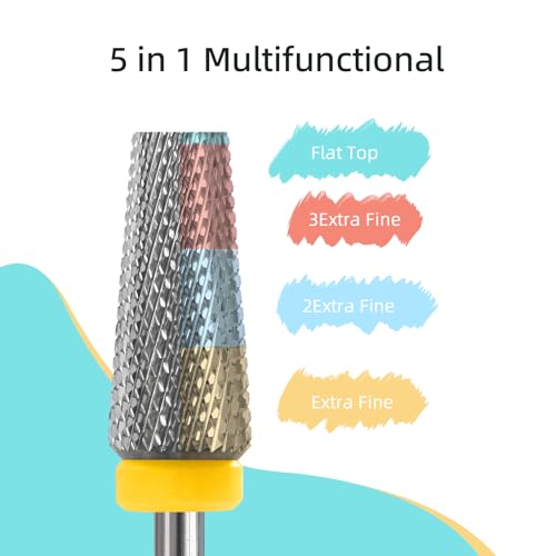 Flat Top 5 in 1 Nail Drill Bit Professional Tungsten Carbide Cross Tapered Nail Bits 3/32" 2 Way Electric File Nail Drill Accessories Manicure Gel Polish Removal Tool XF