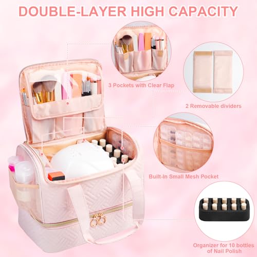 Nail Polish Organizer Bag Holds 50 Bottles (15ml/0.5fl.oz)& Nail Lamp, Soft Velvet Nail Kit Storage Carrying Case with Shoulder Strap, Double Layer Nail Supplies Organizer Handbag Women (Pink)
