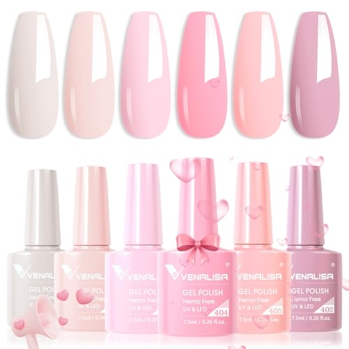 VENALISA Hema-Free Pink Gel Nail Polish Set- 6 Colors Popular Nude Pink Gel Polish Kit, Soak Off LED Nail Lamp Light Pink Gel Manicure Kit DIY at Home Salon Gifts for Women Girls
