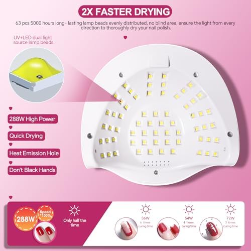 288W Professional UV LED Nail Lamp with 63 Beads - Fastest Gel Curing Dryer for Home & Salon, Smart Sensor, LCD Display & 4 Timers, Pink Salon-Grade Light