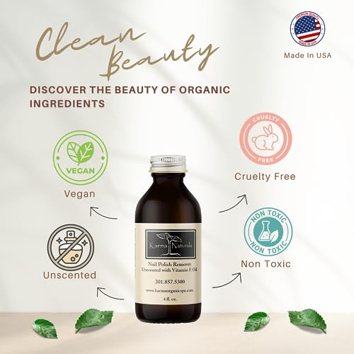 Karma Organic Nail Polish Remover Unscented- Non Toxic, Vegan, Cruelty Free, Acetone Free – Nails Strengthener for Fingernails – 4 fl. Oz