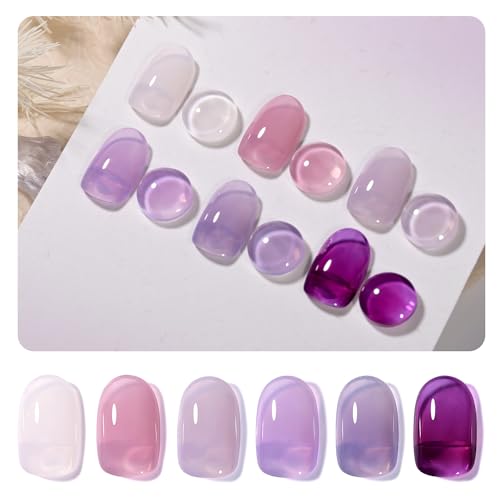 GAOY Jelly Purple Gel Nail Polish Set, 6 Transparent White Pink Colors, UV Light Cure Gel Polish for Salon and Nail Art DIY at Home
