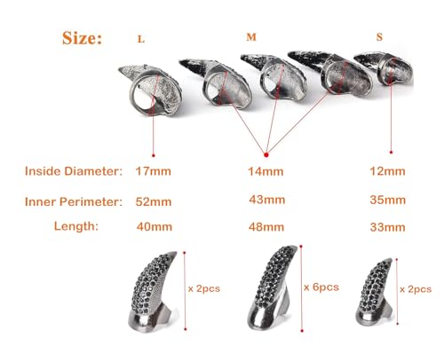 10 Pcs Halloween Costume Claws Fake Nails Ring Set, Bestga Gothic Punk 3 Sizes Crystal Full Finger Rings Paved Paw Bend Fingertip Fingernail Claw Girls Women Men Ring False Easy Long Nails (Black)