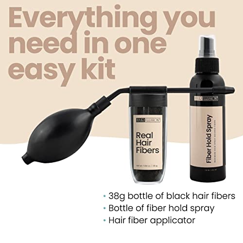 Hair Illusion Combo Kit - Hold Spray, 38g Hair Fiber Bottle, Applicator & Hairline Optimizer (Black)