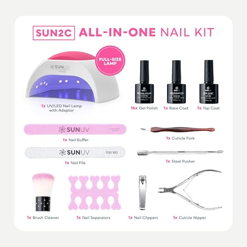 SUNUV Gel Nail Polish Kit with UV Light for Nails SUN2C 48W, 16 Colors Gel Polish Sets, Base and Top Coat with 8 PCS Manicure Tools Gift for Women