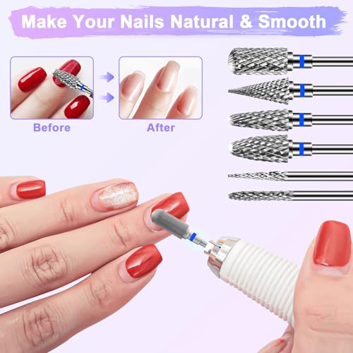 6 Pack Nail Drill Bits for Acrylic Nails, 3/32" Shank Drill Bits for Nails Professional Electric Cuticle Drill Bit, Cuticle Cleaner Nail Gel Polish Remover Tool for Home Salon Nail Bits-Blue
