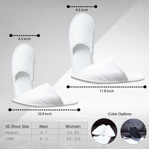 MODLUX Spa Slippers, 12 Pairs Cotton Velvet Closed Toe Disposable Slippers for Guests, 6 Medium and 6 Large House Shoe, Hotel, Home, Indoor, Bride Slippers, Slip-on with Travel Bag, White