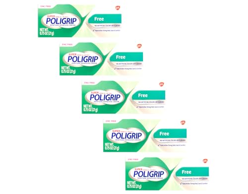 Poligrip (Pack of 5) Super Denture Adhesive Cream - Strong, All-Day Hold, Zinc Free, No Artificial Flavors or Colors - 0.75 Oz Each