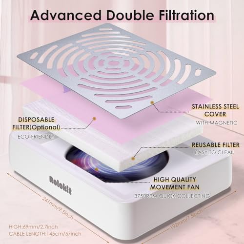 Nail Dust Collector with Lamp&50pcs Disposable Filter&Dusting Brush, Electric Nail Vacuum Cleaner Dust Fan Suction Machine for Manicure Acrylic Gel Nails Polishing, Low Noise, Salon Home