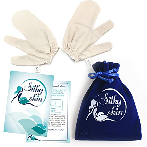 Silky Skin Garshana gLoves Raw Silk Massage - Quality Storage Bag - Ayurvedic Dry Brushing Exfoliate Skin Lymphatic Drainage Brush Reduce Acne Scars Cellulite Massager Remove Toxin