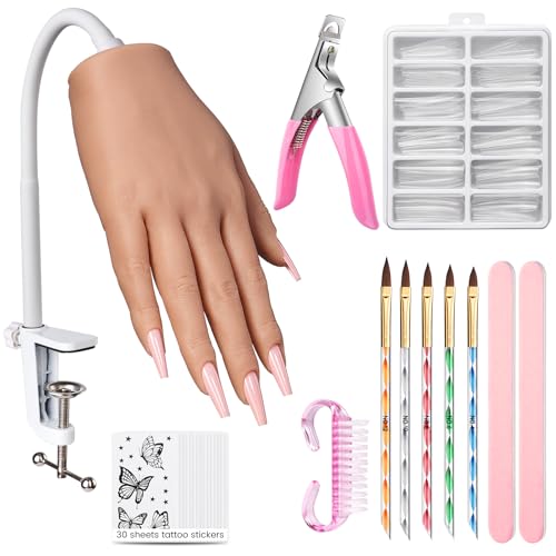 Practice Hand for Acrylic Nails: Realistic Silicone Nail Hand Practice with Tattoo Stickers - Flexible Fake Hand Mannequin Nail Hand Kit for Beginners