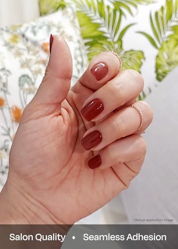 ohora Semi Cured Gel Nail Strips (N Chilly) - Red, Solid, Works with Any UV/LED Lamps, Salon-Quality, Long Lasting, Easy to Apply & Remove - Includes 2 Prep Pads, Nail File & Wooden Stick
