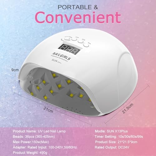 NAILGIRLS 150W UV LED Nail Lamp with Auto Sensor - Fast Curing Gel Polish Acrylic Nail Dryer, UV Nail Light 4 Timer Settings, 36 LED Beads and Automatic Sensor for Home Salon Use