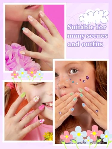 78PCS Press on Nails for Kids, TOROKOM Cute Kids Fake Nails Flower Kid Glue on Nail Short Almond False Nail Art Gift for Girls Children 8-12 Age with Nail Adhesive Tab & Quick-dry Nail Glue (3 Pack)