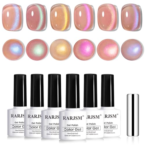 RARJSM Aurora Glitter Cat Eye Gel Nail Polish Set 6Pcs Nude Pink Light Purple Gold Brown Green Blue Galaxy Mermaid Glitter Cateye Gel Polish with Magnetic Stick UV LED Curing Require Home Salon