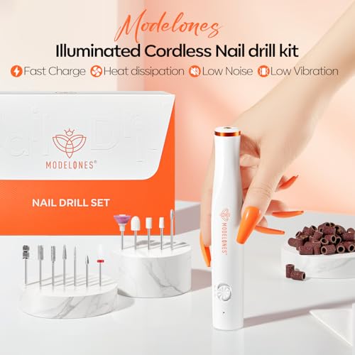 Modelones Electric Nail Drill, 14 Pcs Cordless Nail File with LED Light for Acrylic Gel Dip Powder Nails, Professional Nail Efile Kit with Nail Drill Bits & Sanding Bands for Quick Manicure Pedicure
