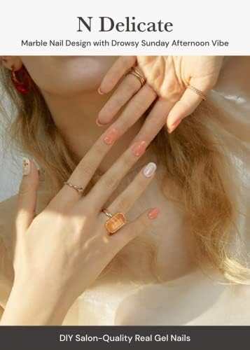 ohora Semi Cured Gel Nail Strips (N Delicate) - White, Patterned, Works with Any UV/LED Lamps, Salon-Quality, Long Lasting, Easy to Apply & Remove - Includes 2 Prep Pads, Nail File & Wooden Stick