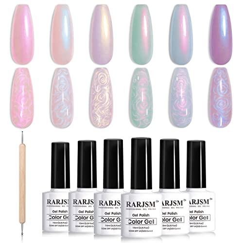 RARJSM Pearl Gel Nail Polish Glitter Pearlescent Shell Gel Polish Pink Beige Pearl Blue Green Purple Shimmer Mermaid Swirl Thread Effect Nailgel Soak Off Curing Requires DIY Manicure Use