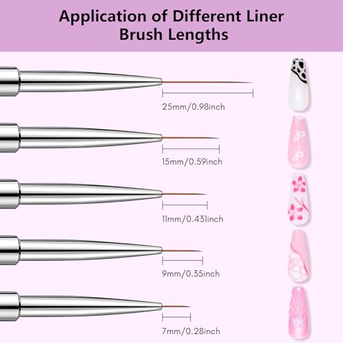 Makartt Nail Art Brushes Set: 5pcs Liner Brushes 7/9/11/15/25mm Thin Nail Art Design Brush with Cap Nail Polish Brush for Builder Gel 3D Nail Gel French Tip Tool Nail Painting