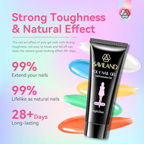 SAVILAND Poly Gel Nail Colors: 20 Colors Nail Extension Gel Kit Bright Rainbow Pink Purple Blue Color Collection Poly Gel Nail Kit for Daily Nail Art DIY Nail Salon Gift for Girls