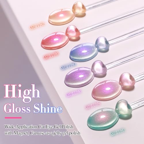 Double Rhythm Cat Eye Gel Nail Polish Set of 6 Same Color Same Bottle 0.5 Oz Shimmer Glitter with Magnet Holographic Reflective Magnetic UV Nail Polish Kit at Home (Mermaid Pink Rose-T6-31)