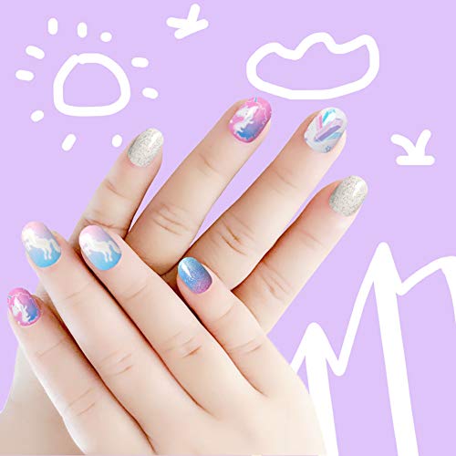 Laza 120pcs Children Nails Press On Pre-glue Full Cover Nail Tips Kit Glitter Gradient Color Rainbow Short Artificial False Nail Kits Lovely Christmas Gift for Children Kids Girls - Silver Pearl