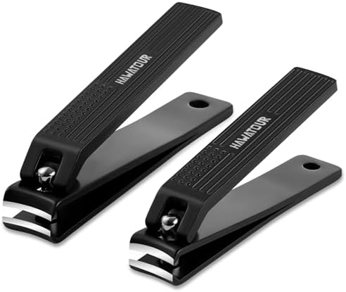 Nail Clippers Set, Ultra Sharp Curved Blade Fingernail and Toenail Clipper Cutters with Visibly Tin Case, Squares and Stripes, Black