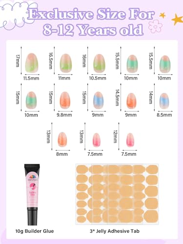 78PCS Press on Nails for Kids, TOROKOM Cute Kids Fake Nails Flower Kid Glue on Nail Short Almond False Nail Art Gift for Girls Children 8-12 Age with Nail Adhesive Tab & Quick-dry Nail Glue (3 Pack)