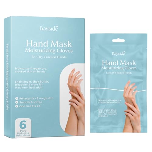 Hand Mask Moisturizing Gloves for Dry Cracked Skin | Hydrating Treatment with Snail Mucin Shea Butter Hyaluronic Acid Bisacolol Vitamin E | Softening Exfoliator for Hands, Repair Glove Mask | 6 Pairs