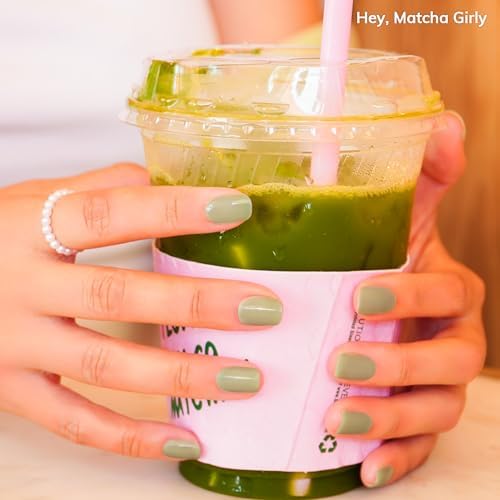 Semi Cured Gel Nail Strips | No LED Lamp Needed | Solid, Green, Spring | Easy Apply & Remove, Salon Quality | Includes 28 Strips, 1 Prep Pads, Nail File & Wooden Stick - Hey, Matcha Girly