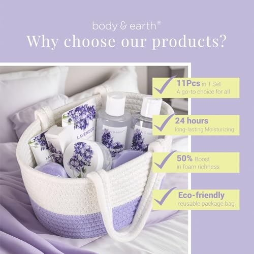 Spa Gift Baskets for Women - Body & Earth 11pcs Lavender Gift Sets with Bubble Bath, Shower Gel, Body Lotion, Birthday Gifts for Women, Spa Kit for Mom Gifts, Purple Gifts