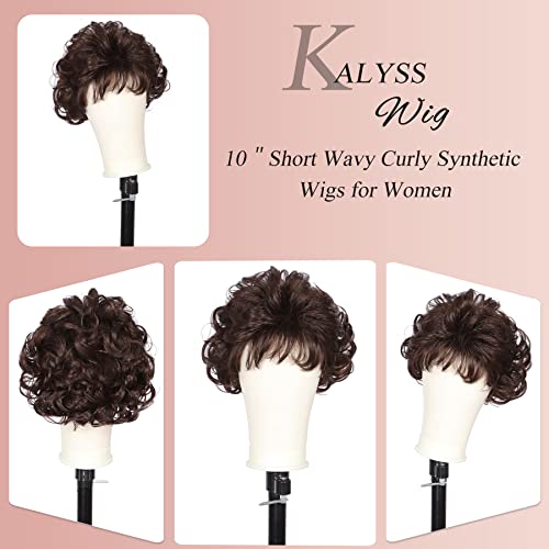 Kalyss Dark Brown Short Curly Wavy Wig with Hair Bangs 100% Imported Premium Synthetic Fashion Brown Hair Wigs for Women (Brown)