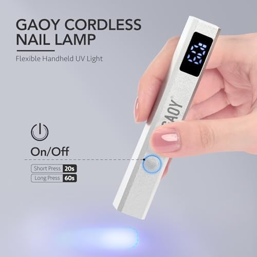 GAOY Cordless Nail Lamp with Stand, Mini Handheld UV Light with LCD Display for Gel Nails, Rechargeable USB Nail Dryer for Fast Curing, Silver