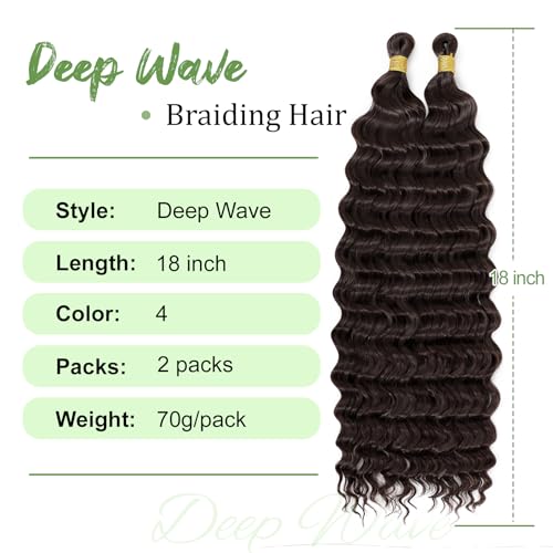Eerya Long Curly Braiding Hair 18 Inch 2 Packs Dark Brown Ocean Wave Crochet Hair for Black Women Deep Wave Braiding Hair for Boho Braids (18 inch, #4)
