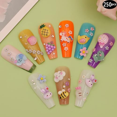 1 Pack of 250pcs Cute & Sweet 3D Nail Charms for Acrylic Nails, Perfect for Nail Art Decorations & DIY Accessories Crafts，Flower Bee Pineapple Bear Charms for Nail (#1-multi-color)
