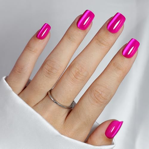 Soft Gel Hot Pink Press on Nails Short - Cat Eye Press on Nails Square for Women Gift, Natural Fit & Glossy Stick on Nails with Glue in 16 Sizes - 32 Reusable Fake Nails, Hot Pink