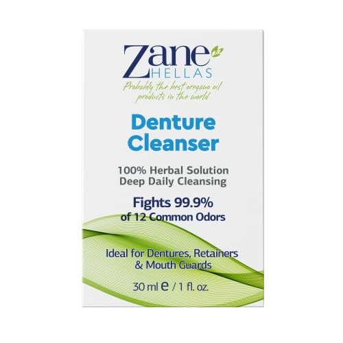 Zane Hellas Denture Cleaner. Oregano Oil Power. Ideal for Dentures, Retainers, Braces, Mouth Guards. Helps Remove Plaque, Tartar, Stains and Bad Odor. 100% Herbal Solution. 1 fl.oz.-30ml.