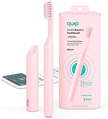 Quip Smart Sonic Toothbrush for Adults - Timed Electric Toothbrush with Bluetooth & Rewards App - Replaceable Brush Head, Soft Bristles, Metal Handle, 3 Month Battery Life - Travel Brush - All-Pink