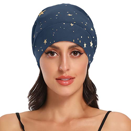Satin Bonnet Lined Sleep Cap Hair Wrap Cover Slouchy Beanie for Curly Hair Protection for Gifts for Men Women Dark Blue Stars