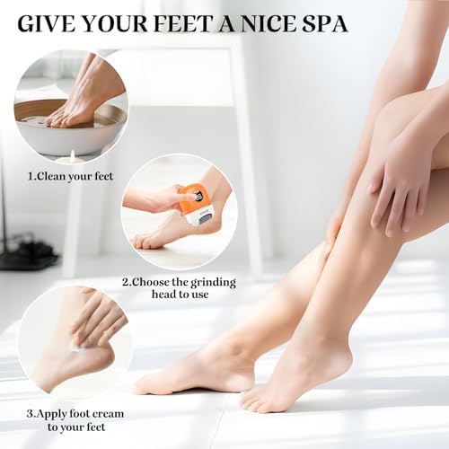 Electric Callus Remover Foot File - Rechargeable Callus Remover Pedicure Tools for Feet Foot Scrubber File Foot Care Grinder with 3 Grinding Heads 2 Speeds for Men Women Dry Callus Dead Skin (Orange)