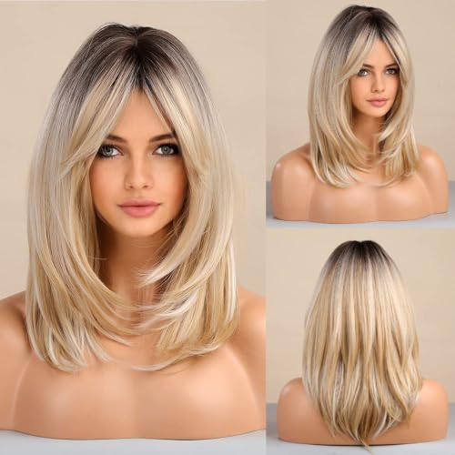 Long Layered Blonde Wigs for Women Synthetic Hair Wig with Bangs Natural Wavy Heat Resistant Wigs for Daily Party Use
