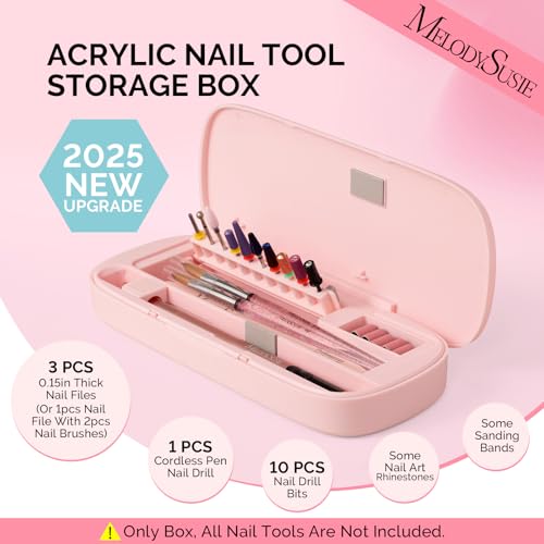 [2025 Upgraded]MelodySusie Acrylic Nail Tool Storage Box,Portable Dustproof Stand Displayer Holder Organizer Container Manicure Efile Accessories Nail Drill Kit Case,Travel Salon Home,Pink(Only Box)