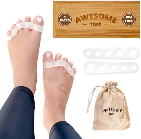 Awesome Toes Spacers & Separators, Fast Pain Relief from Hammertoe & Bunions, Two Pairs in Stylish Wooden Box, Latex-Free Rubber Toe Stretchers Used for Walking, Running & Yoga Practice
