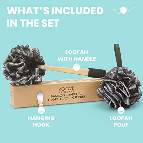 Bamboo Charcoal Infused Back Scrubber - Loofah with Handle | Exfoliating Shower Loofah for Men & Women - Features 1 Loofah on a Stick, 1 Loofa Pouf; Includes Hook (Black)